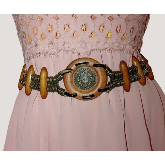 Metal Belt Vintage Boho Rustic Wood Brass Round Decorative Centerpiece Adjust - Picture 2 of 13